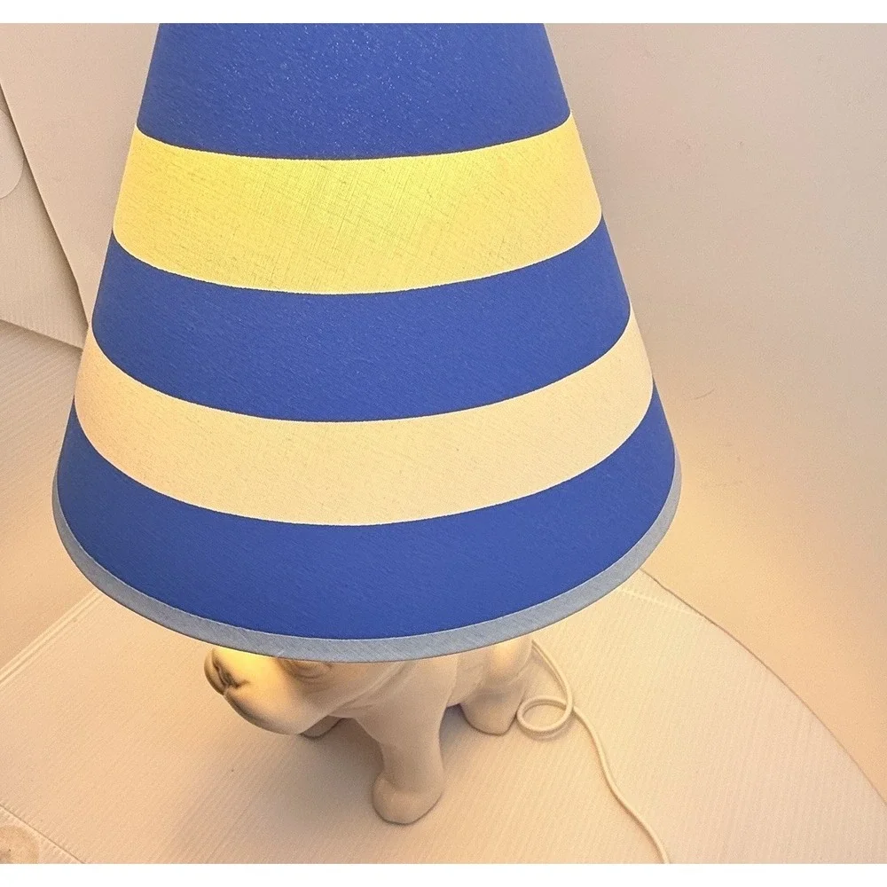 French Bulldog Table Lamp White Ceramic Dog Blue White Striped Shade 15